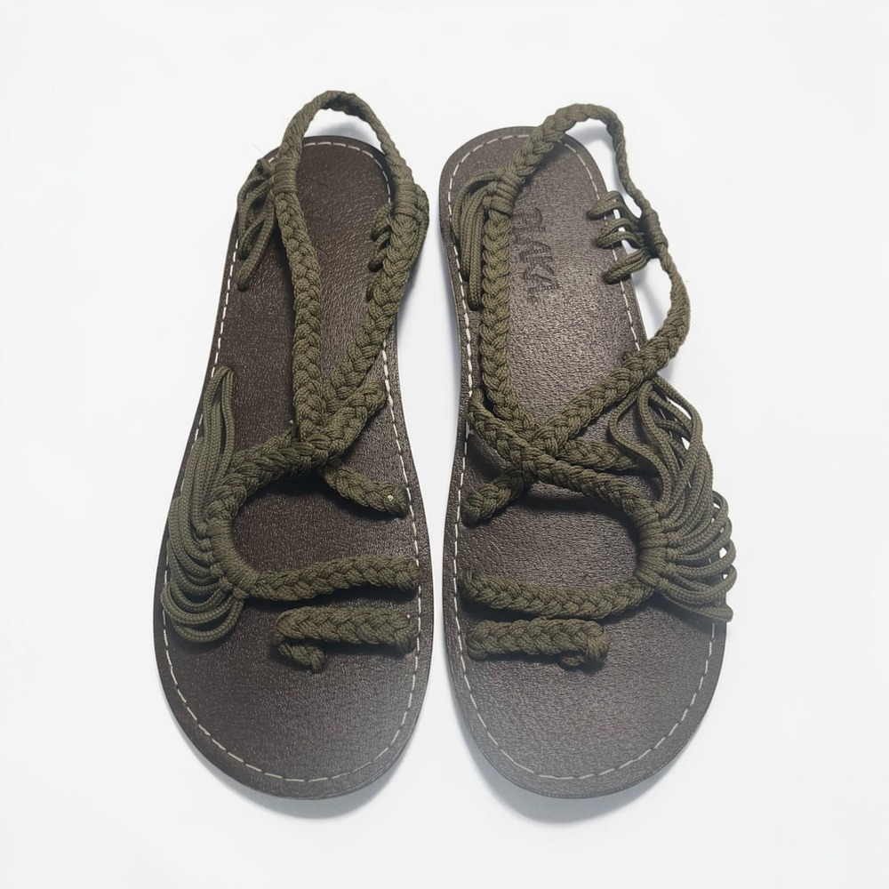 Plaka Flat Sandals Women Palm Leaf Olive Green Braided Rope Straps Size 7